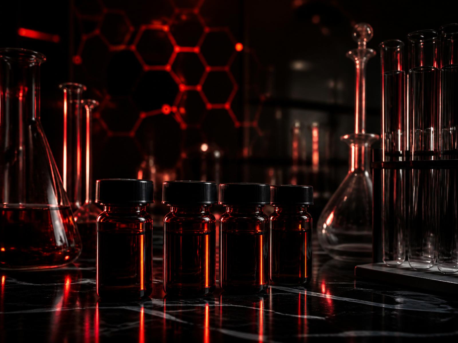 Laboratory reference material bottles on a dark surface
